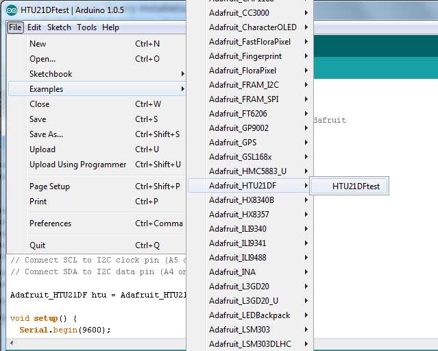 Open up File HTU21DFtest and upload to your Feather